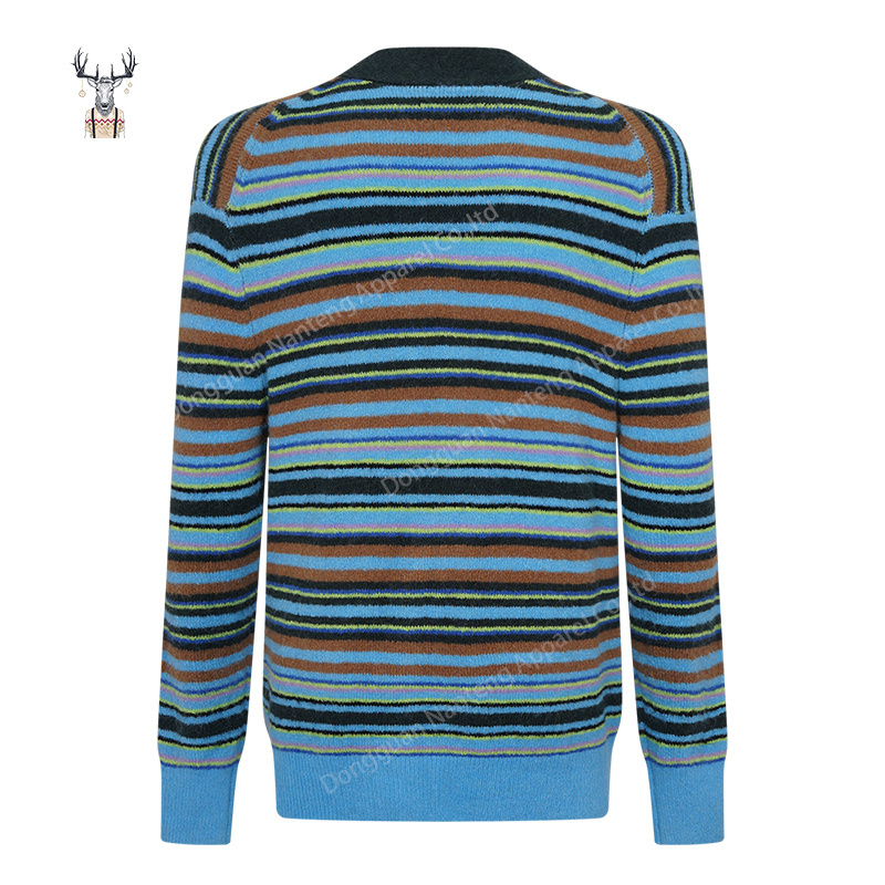 Nanteng Custom OEM V-Neck Ribbed Cuffs And Hem Loose Mohair Color Block Striped Wool Knitting Men Cardigan Sweater