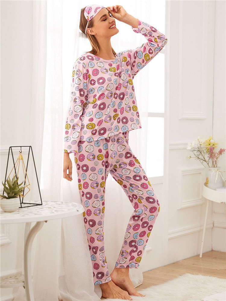 NANTEX OEM Wholesale Custom Logo Print Pyjamas Eye Mask 3 Piece Set Long Pajama Set Woman