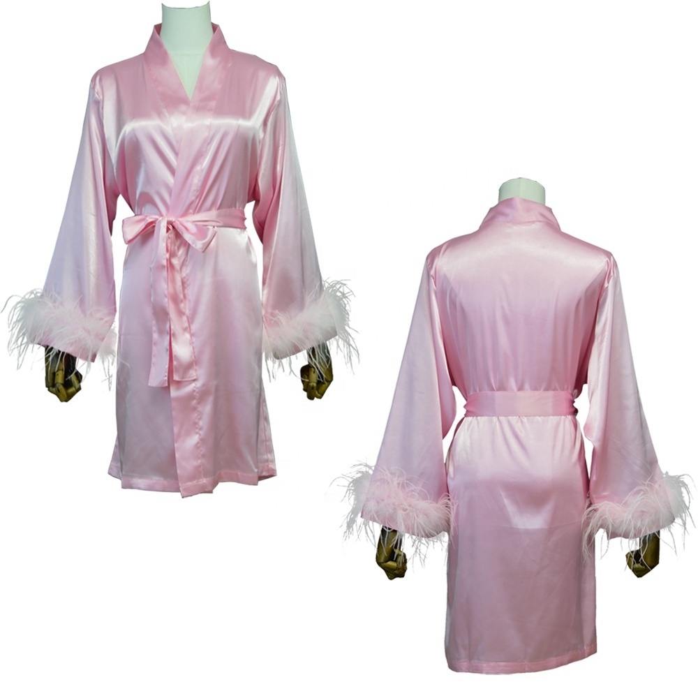 Factory Wholesale High Quality Satin Bridesmaid Robes with Feather New Designer Robe Luxury Bridal Fur Feather Robe