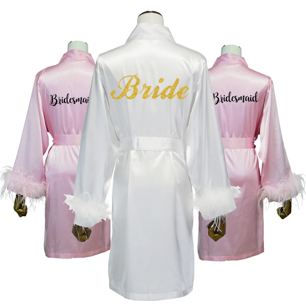 Factory Wholesale High Quality Satin Bridesmaid Robes with Feather New Designer Robe Luxury Bridal Fur Feather Robe