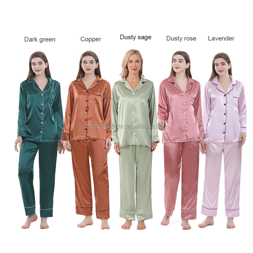 Wholesale Luxury 18 Solid Colors Long Pyjama Women Silk Satin Pajamas Set