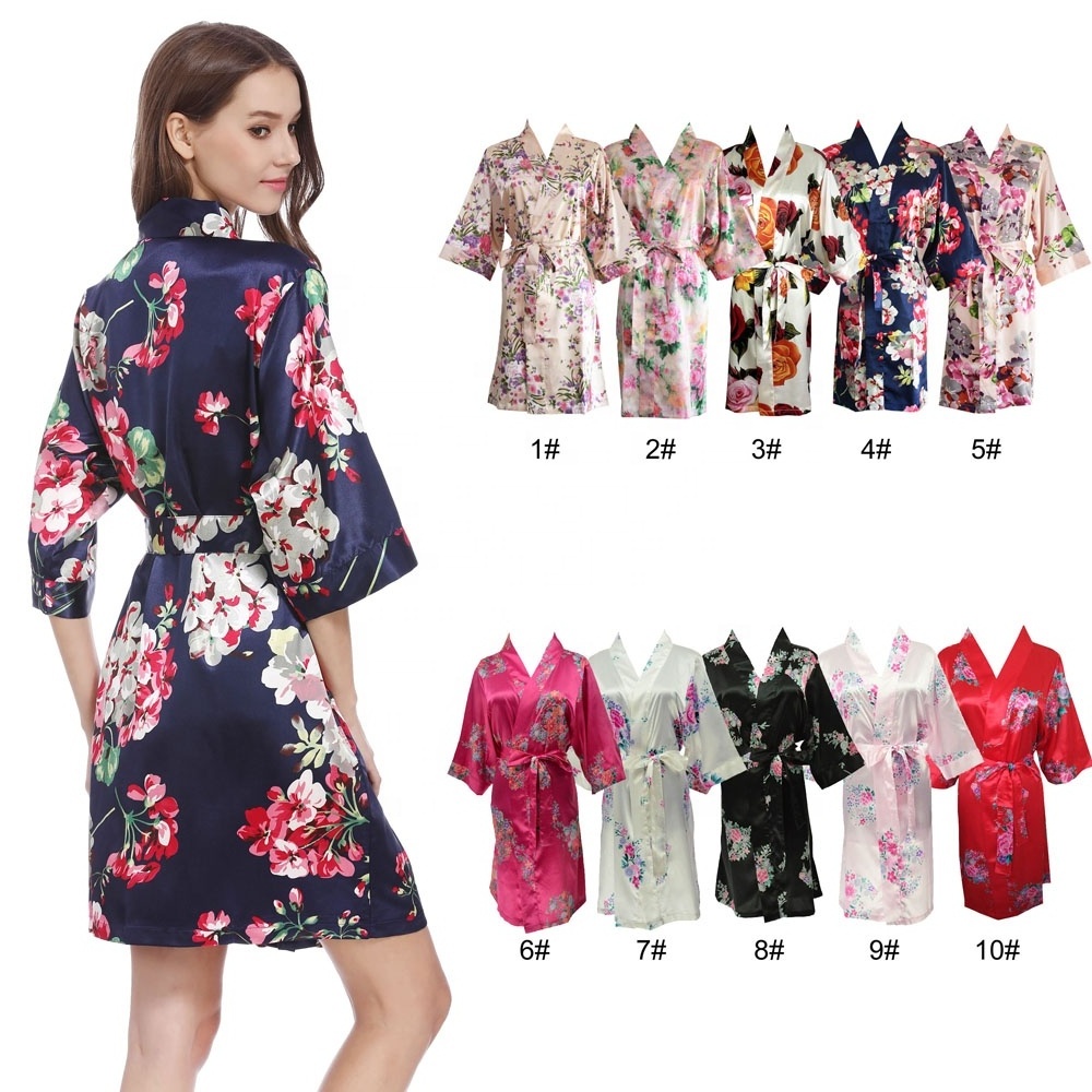 Wholesale Custom Women Brides Floral printed Silk Satin Kimono Robes