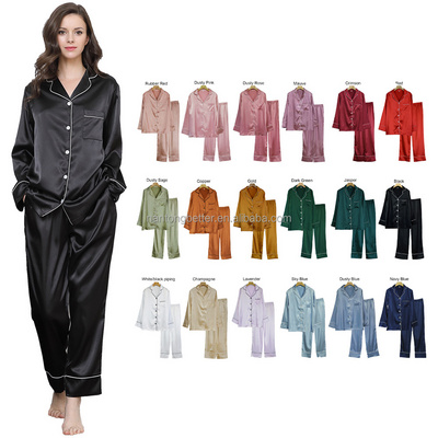 Wholesale Luxury 18 Solid Colors Long Pyjama Women Silk Satin Pajamas Set