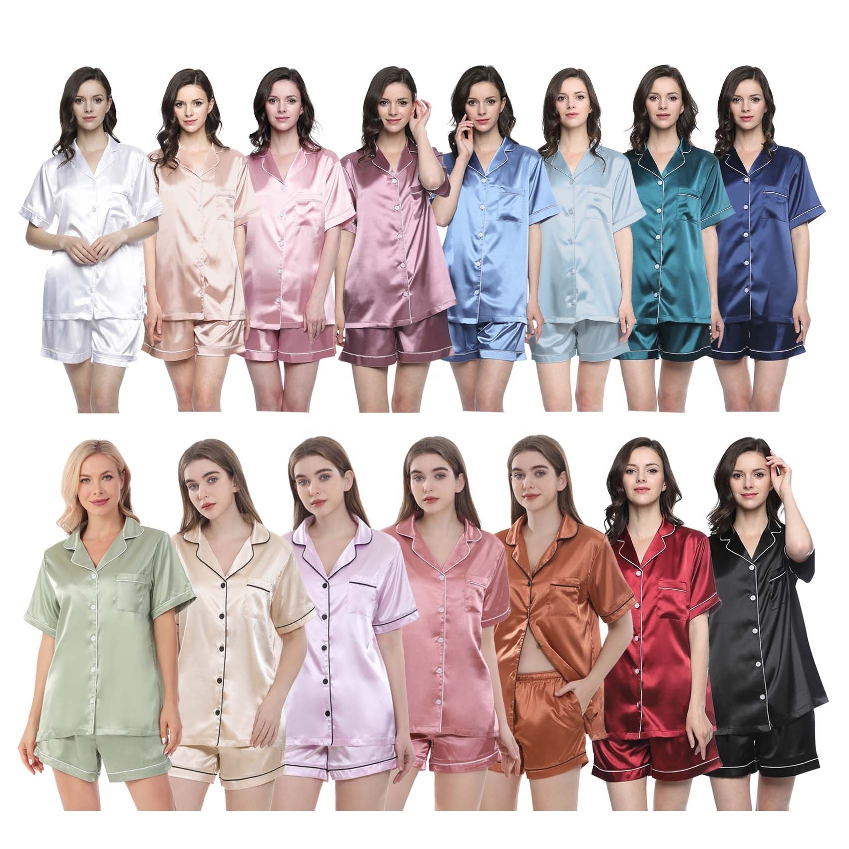 20 Colors High Quality Ready to Ship Short Sleeves Trimmed Women Silk Satin Pajamas Set Sleepwear