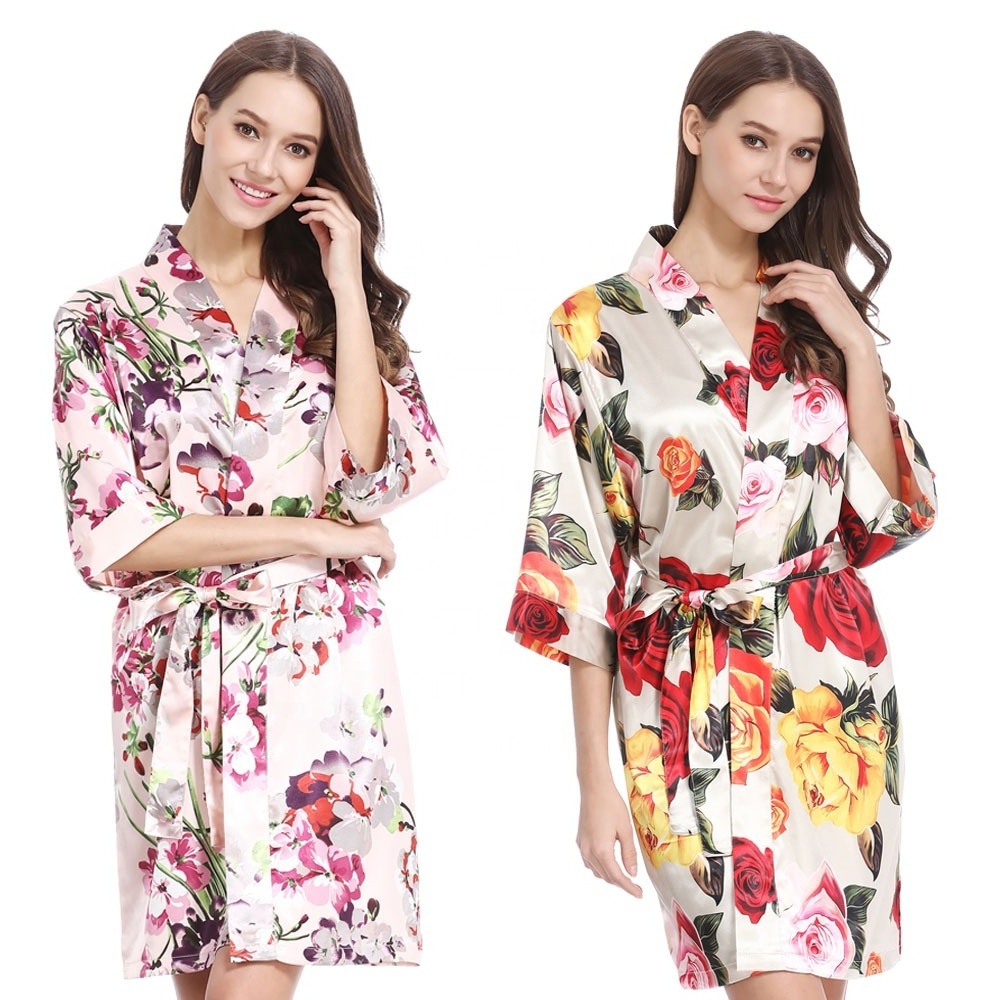 Wholesale Custom Women Brides Floral printed Silk Satin Kimono Robes