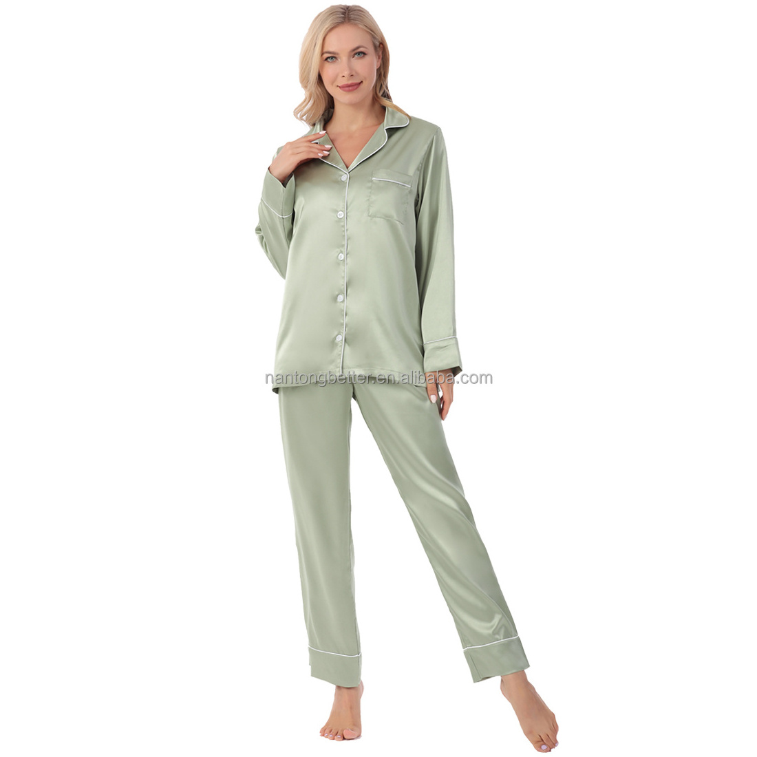 Wholesale Luxury 18 Solid Colors Long Pyjama Women Silk Satin Pajamas Set