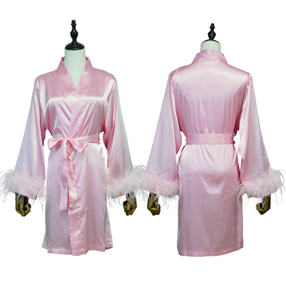 Factory Wholesale High Quality Satin Bridesmaid Robes with Feather New Designer Robe Luxury Bridal Fur Feather Robe