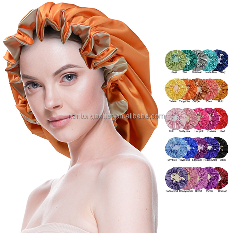 RTS 25 Colors Sleeping Bonnets Double Layer Silk Satin Women Bonnet Cap With Elastic Band For Natural Curly Hair