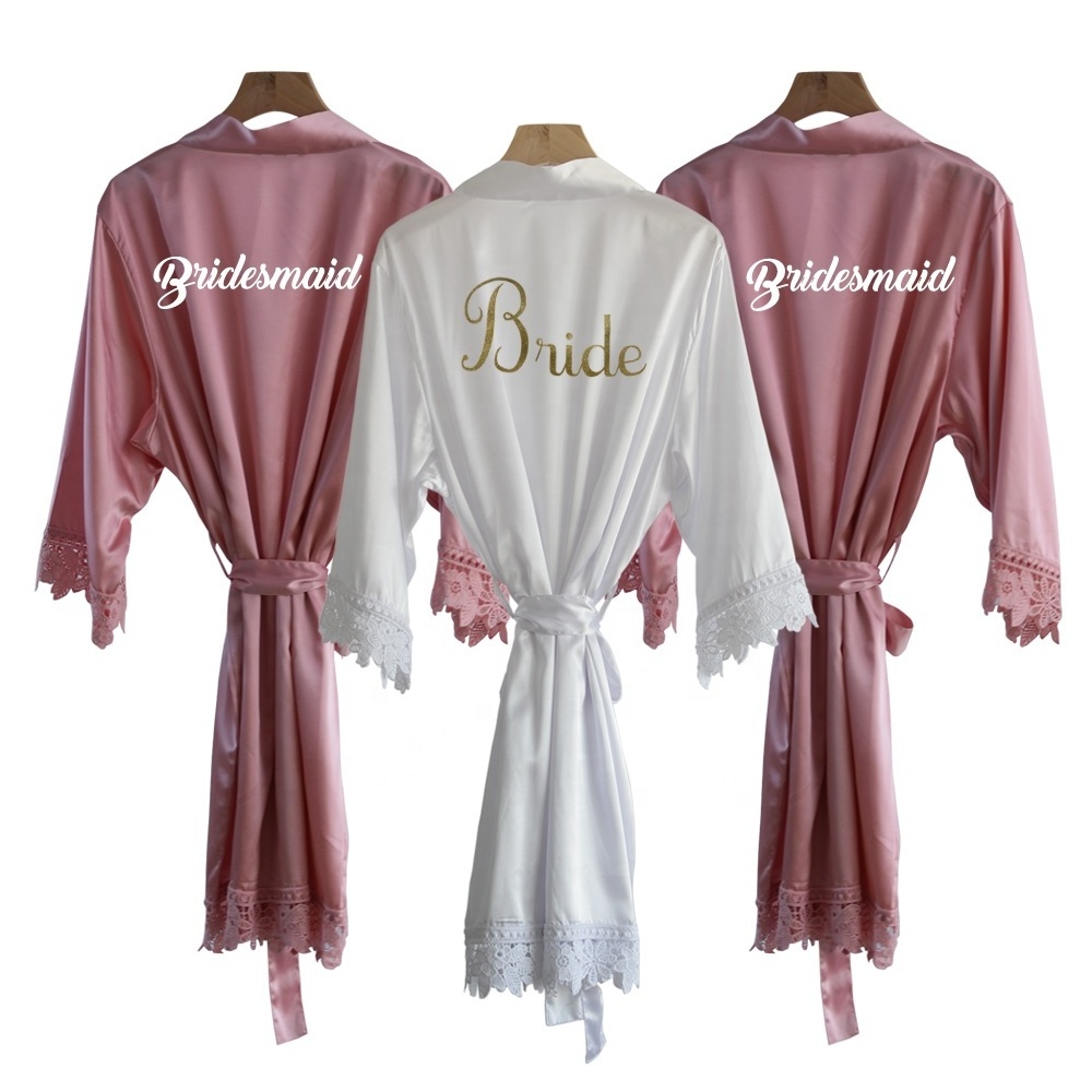 Best Selling High Quality Woman and Children Same Color Lace Trim Bride Bridesmaid Women Silk Satin Robes