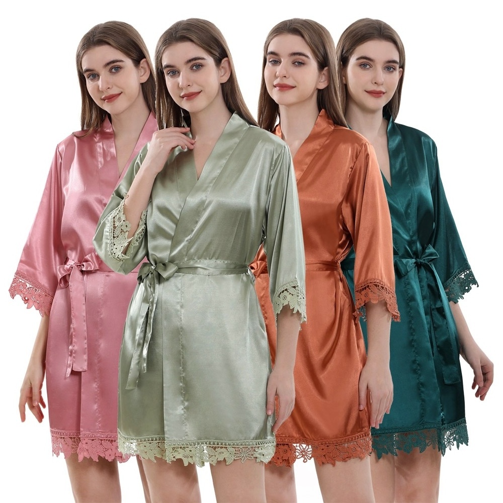 Best Selling High Quality Woman and Children Same Color Lace Trim Bride Bridesmaid Women Silk Satin Robes