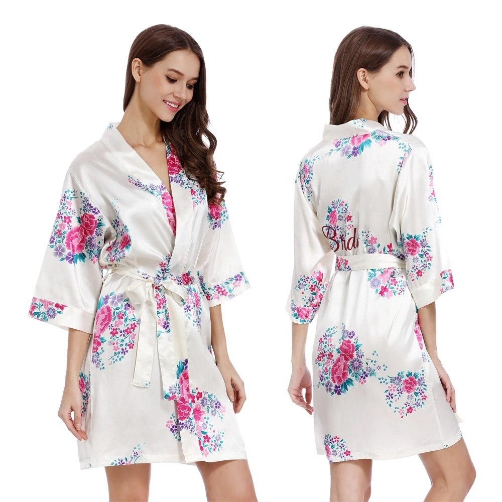 Wholesale Custom Women Brides Floral printed Silk Satin Kimono Robes