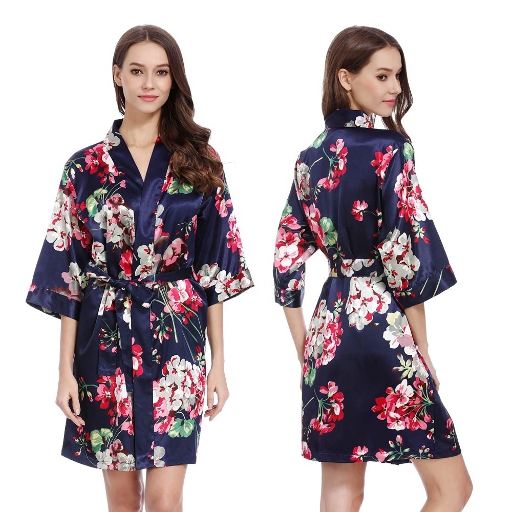 Wholesale Custom Women Brides Floral printed Silk Satin Kimono Robes