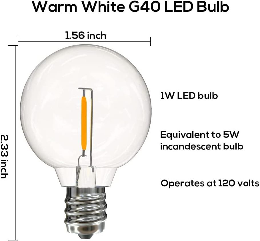 1W 2700k 2200k Shatterproof Pack of 25 E12 Patio Decor G40 Led Replacement Light Bulbs