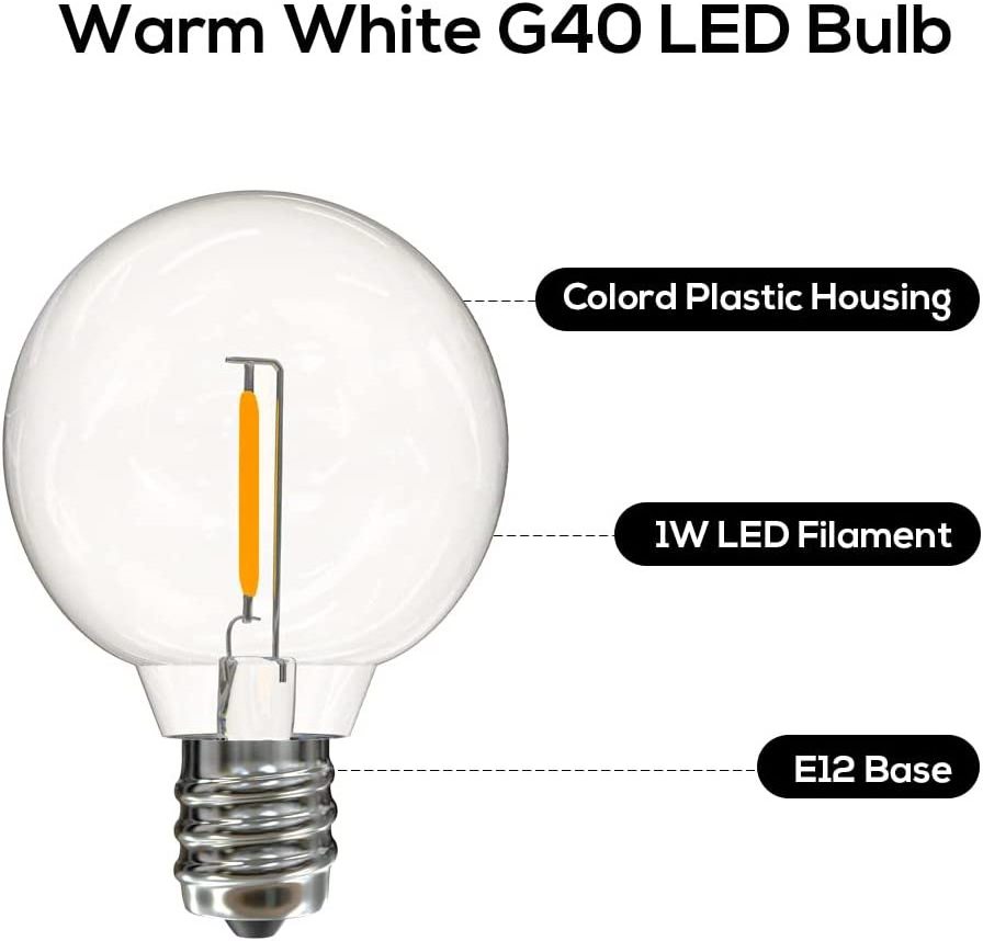 1W 2700k 2200k Shatterproof Pack of 25 E12 Patio Decor G40 Led Replacement Light Bulbs