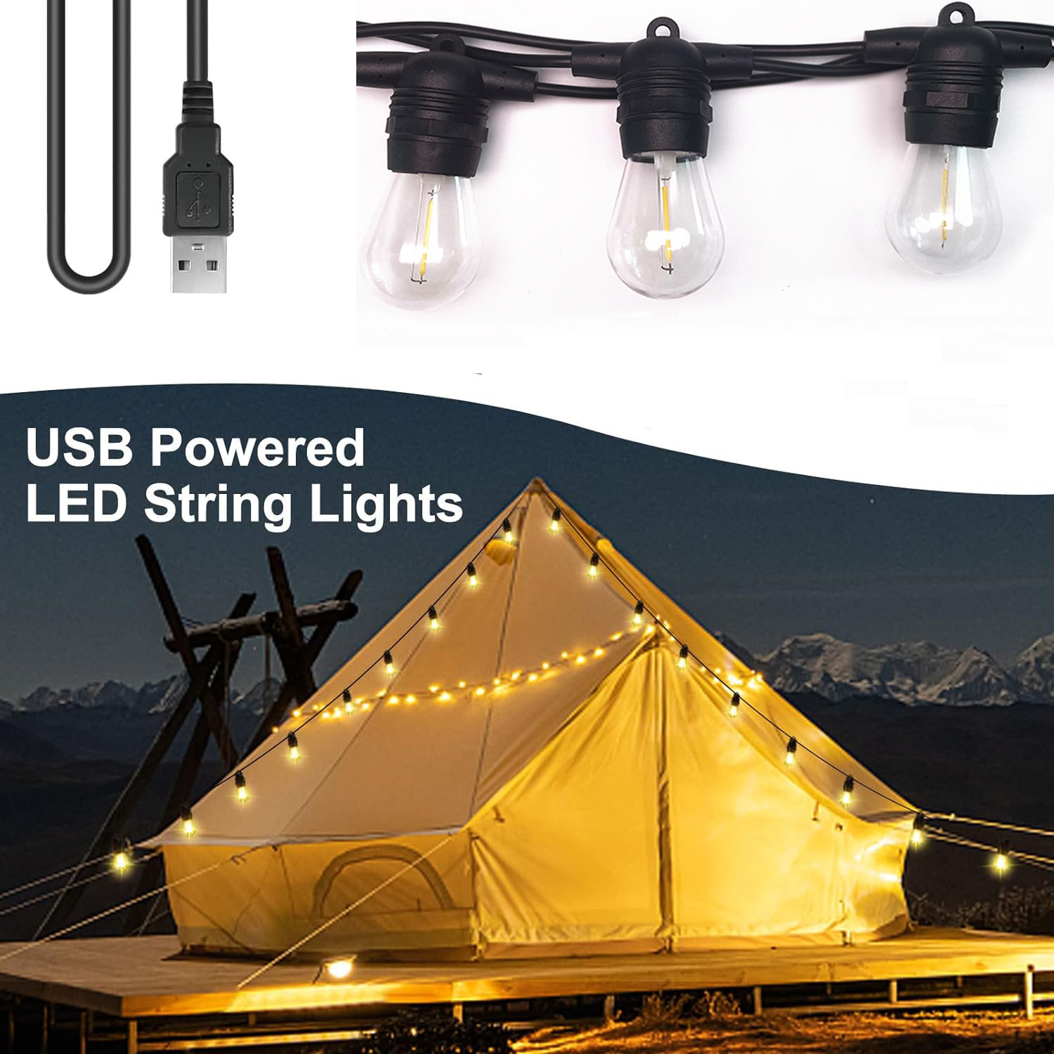 24.6FT USB Powered Festoon Outdoor String Lights 10 Bulbs Shatterproof S14 Garden Party Lights