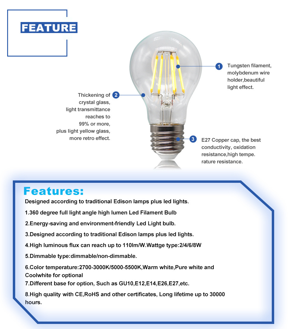 Cheap Wholesale 4W 6W 8w A60(A19) Led Light  Vintage Edison Style Led Filament Bulb