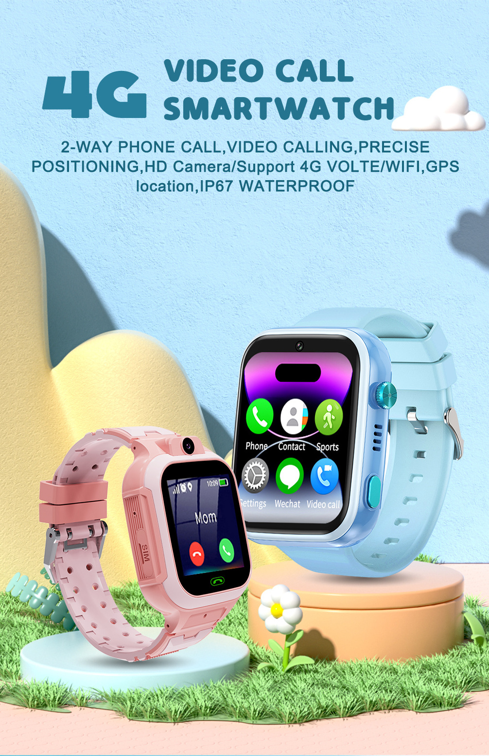 4G Kids Smart Watch Phone with GPS Tracker 4G Girls Boys Sim Card Digital Watches For Kids Video Call Smartwatch Watch