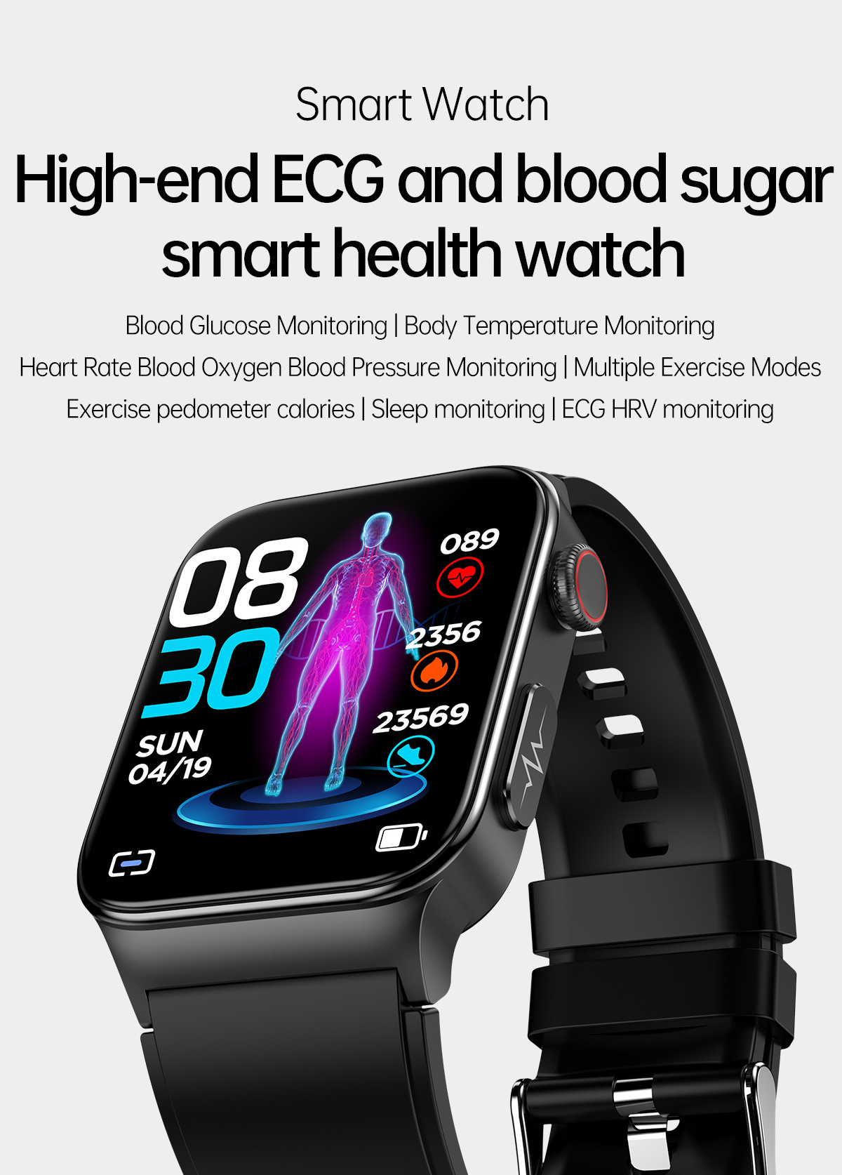 1.83 inch 240*284 Resolution ECG PPG Blood Glucose Smart Watch E500 Intelligent SPO2 Monitoring Body Temperature for Men Women