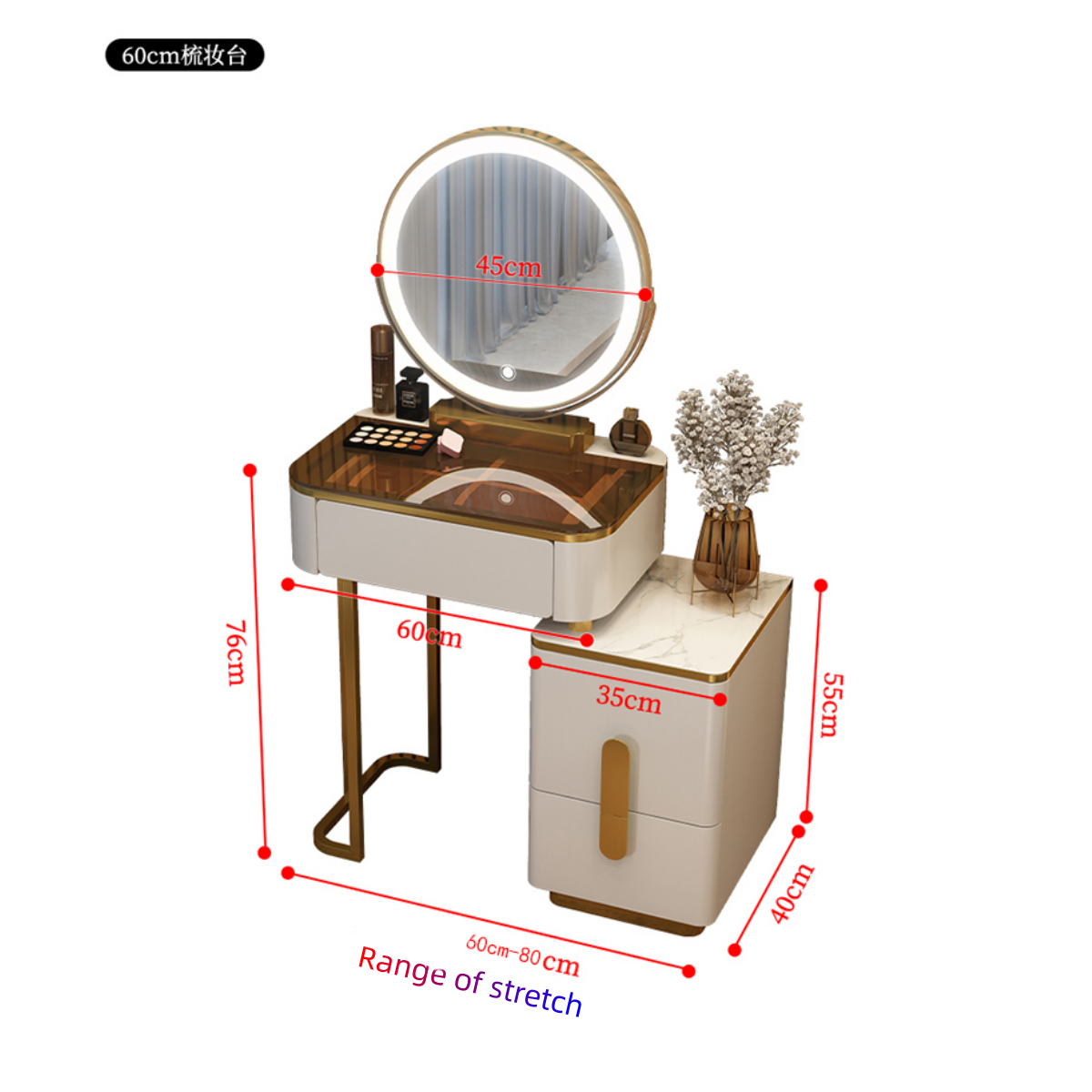 Nordic dressing table with mirror and stool for bedroom Dressing table with 3 light effect LED mirrors Golden Iron Dresser