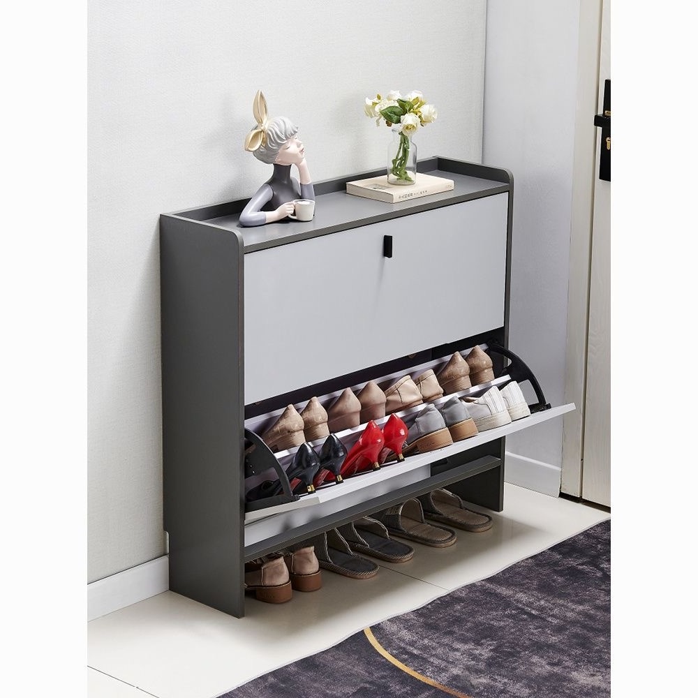 european style wooden slim  modern style shoe rake storage cabinet flip shoe rack cabinet with door bedroom