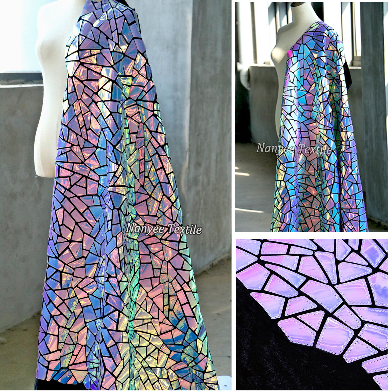 Wholesale Iridescent Extra Large Geometric Sequin Laser Cut Embroidery Fabric On Velvet