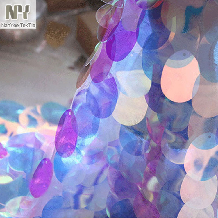 Nanyee Textile Melon Seed Shaped Pink Blue Color Changing Iridescent Sequin Fabric