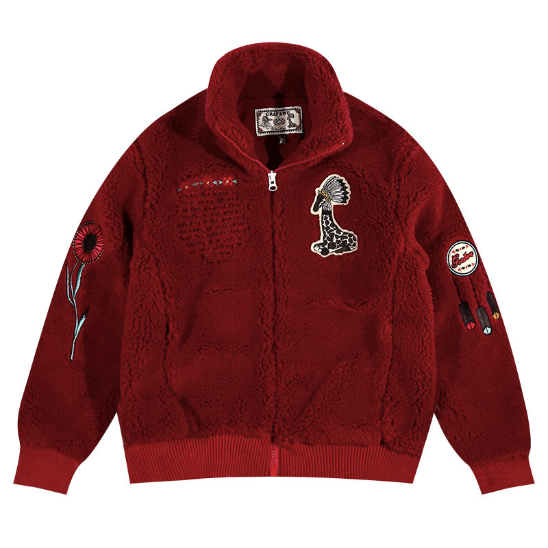 Customize logo embroidered high quality thick mens polar fleece jacket red winter sherpa fleece jacket