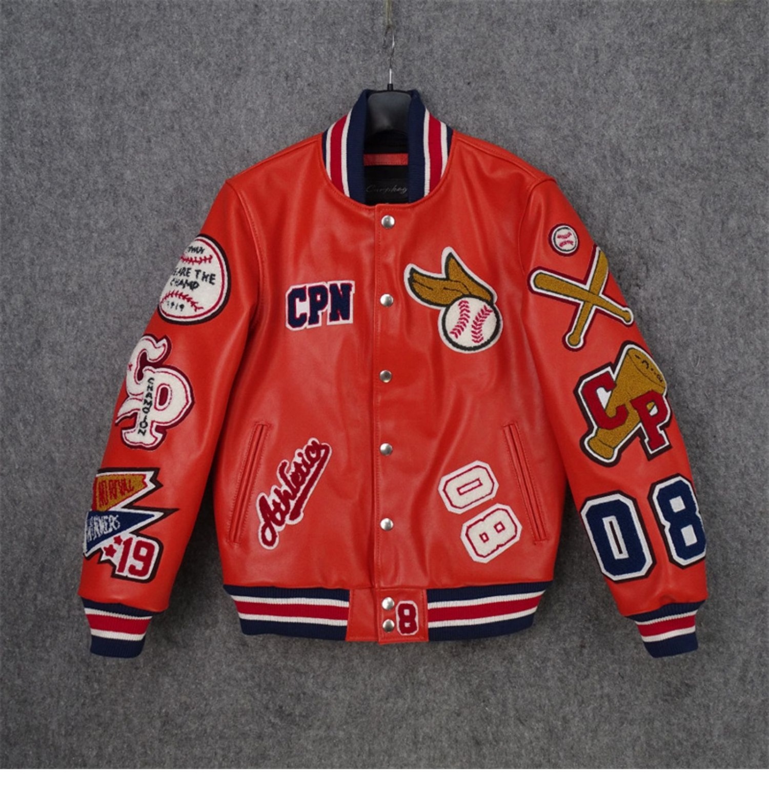 Custom design embroidered patch college jacket wholesale chenille embroidery orange leather varsity jacket