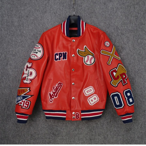 Custom design embroidered patch college jacket wholesale chenille embroidery orange leather varsity jacket