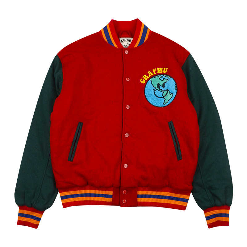 Hot sale chenille logo men baseball varsity jacket top quality corduroy fabric red embroidered design collared varsity jacket