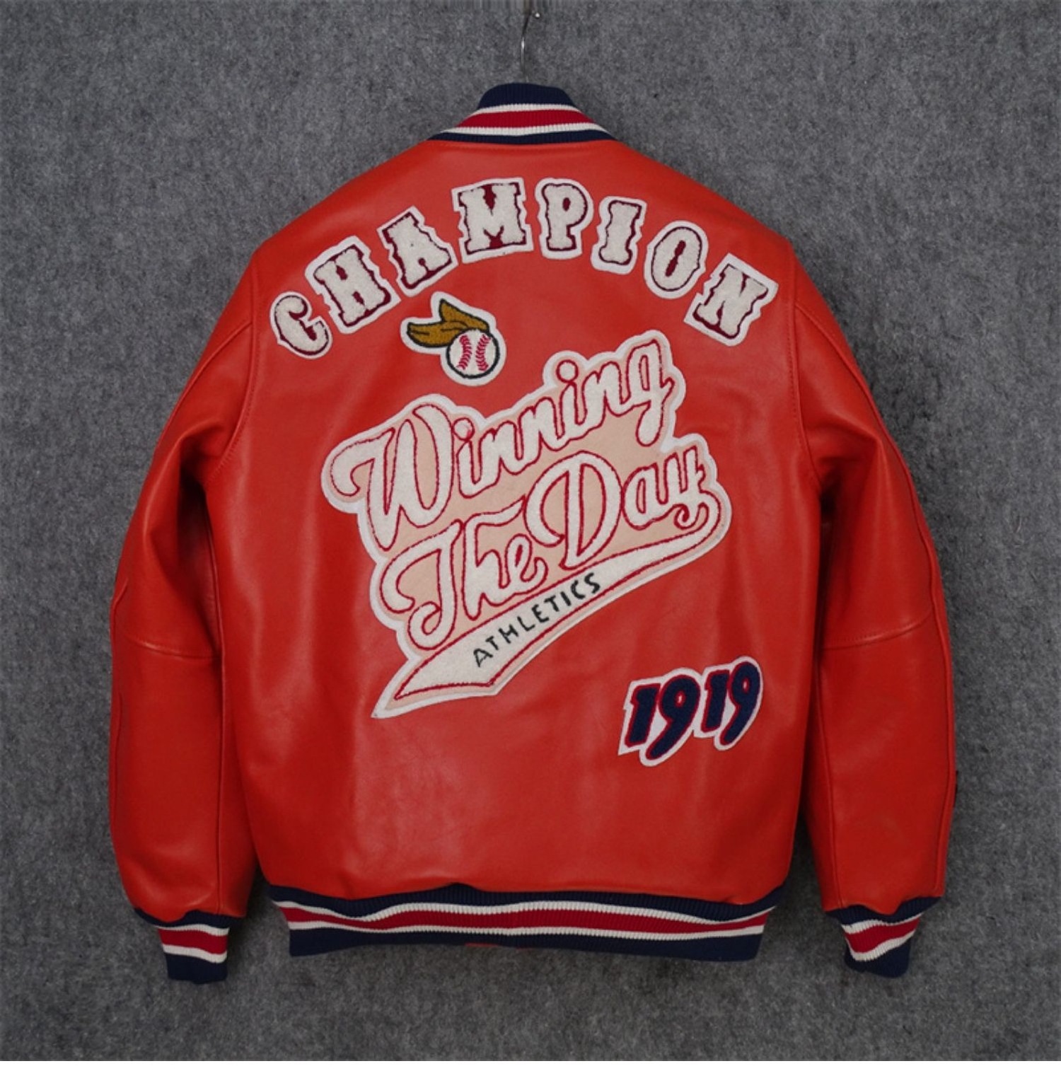 Custom design embroidered patch college jacket wholesale chenille embroidery orange leather varsity jacket