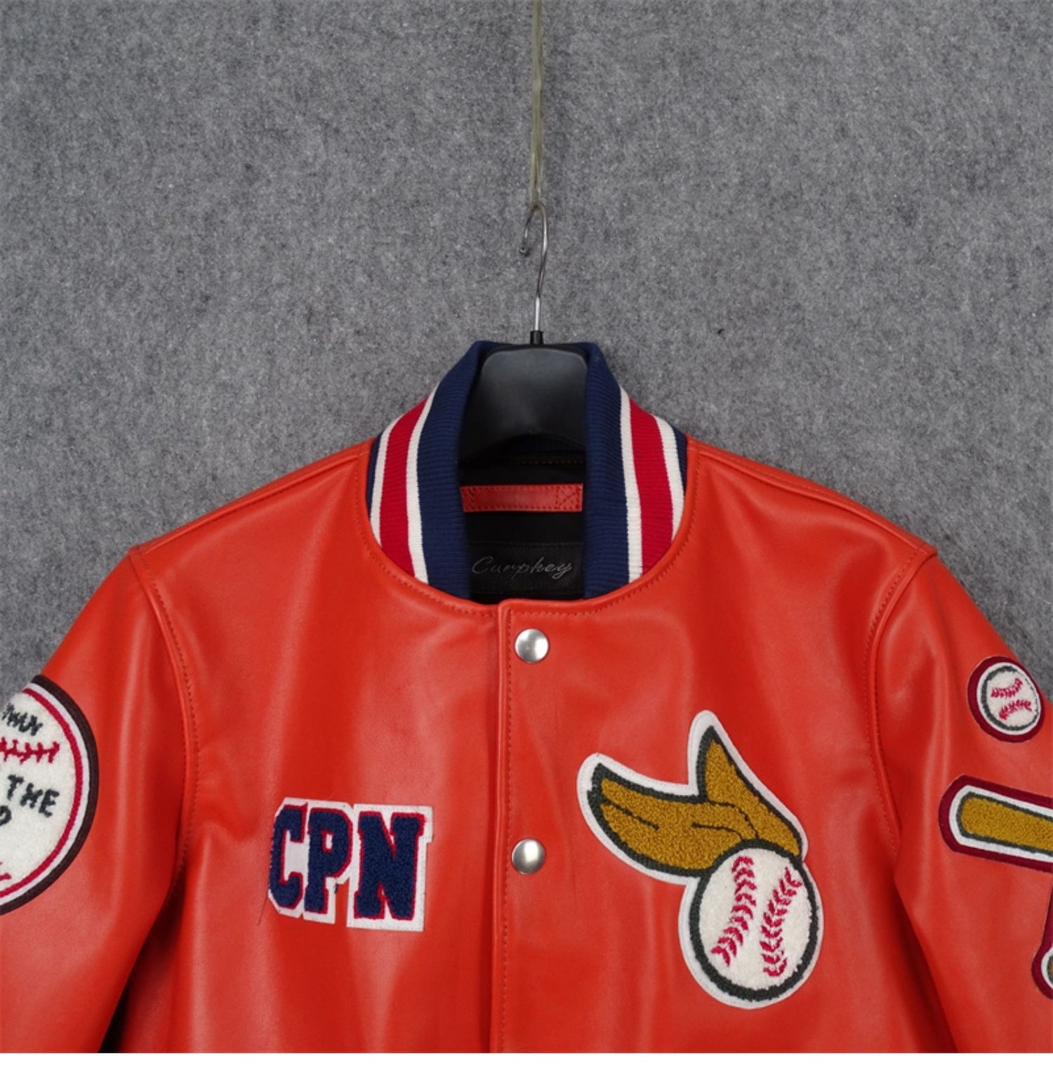 Custom design embroidered patch college jacket wholesale chenille embroidery orange leather varsity jacket