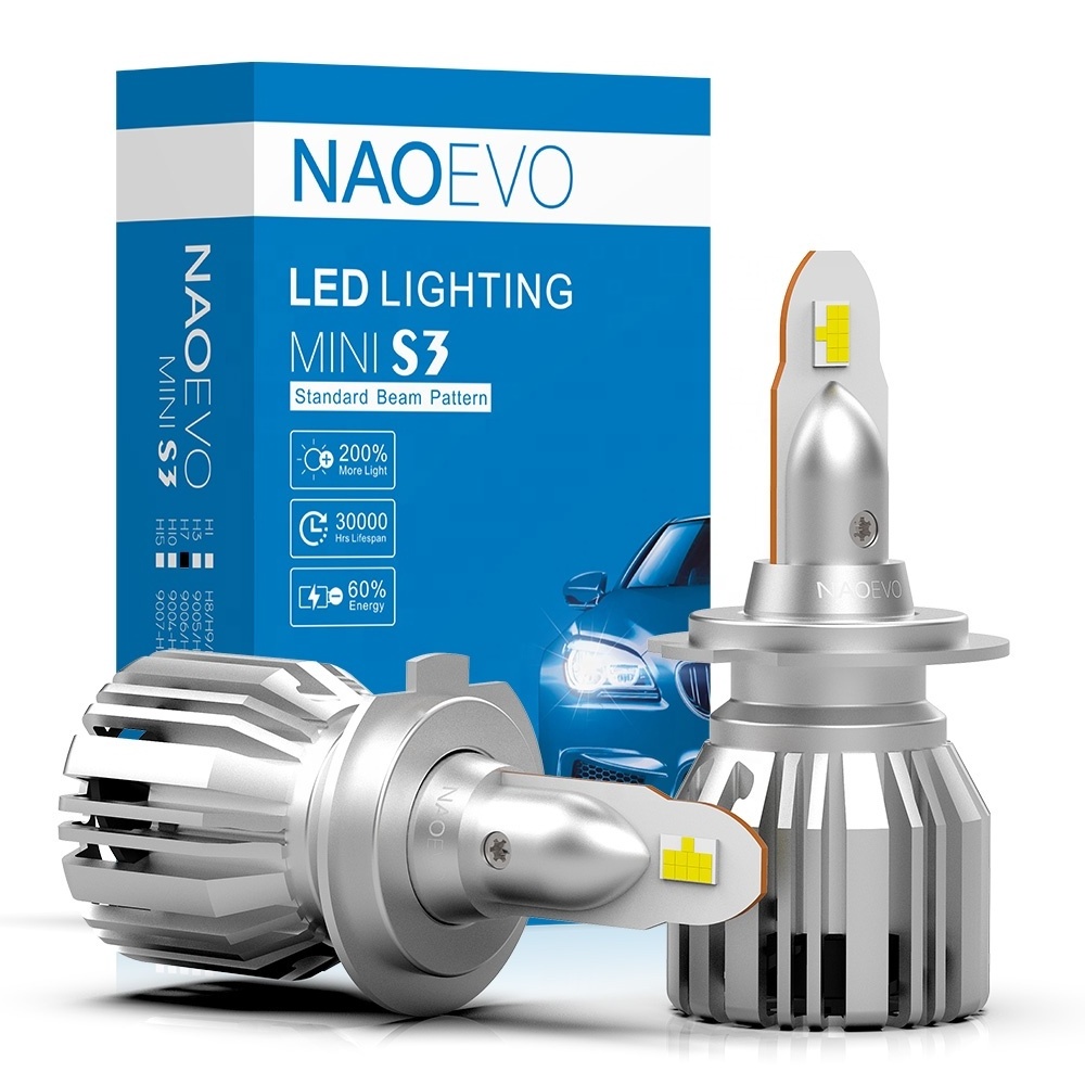 NAOEVO 60W mini design S3 led h7 headlight no dark spot car led headlight bulb 2 year warranty FLip chips led car lights