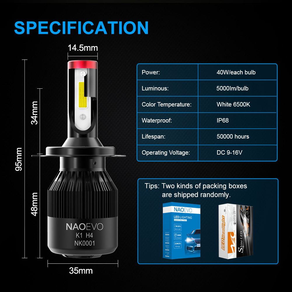 NAOEVO luces led para automovile car headlight bombillo led 9004 headlight K1 80W 6500K led lights for Car