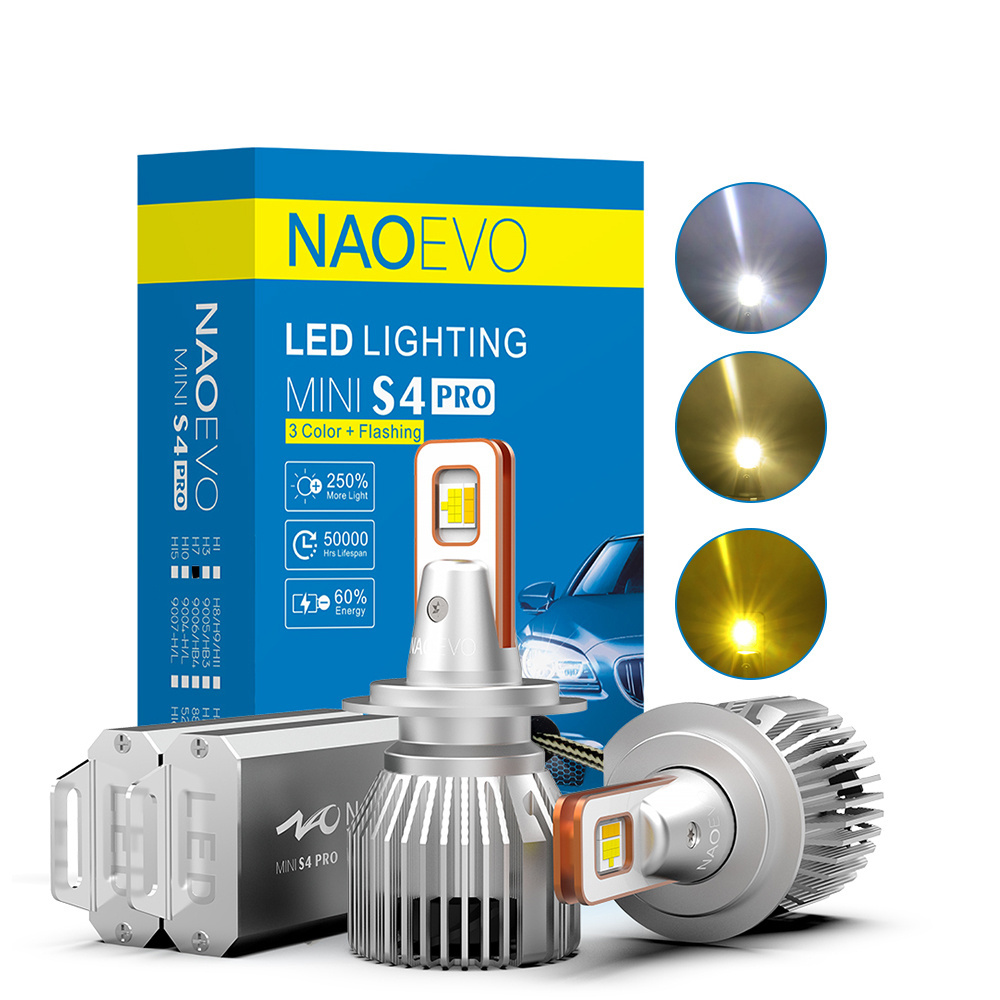 NAOEVO Factory 3 Color S4 Pro H1 H3 H16 H27 Led Canbus For Car H4 H7 H11 9005 9006 Led Headlight Bulb