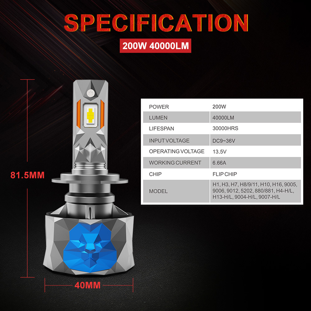 NAOEVO Factory 200w 40000 Lumen Car Led Headlight Bulb H13 9005 9006 Focos Led H4 H7 H11 Led Headlight Auto Light Bulb