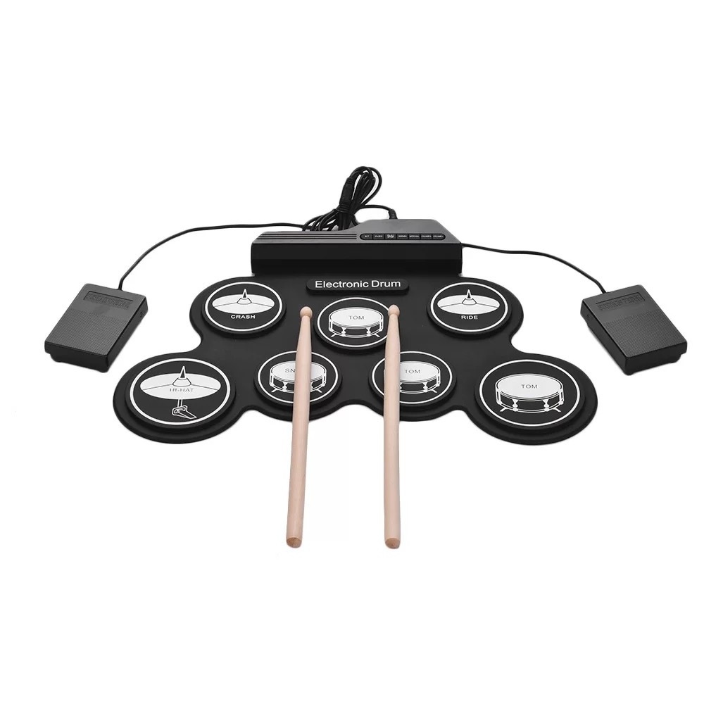 Compact Size USB Roll-Up Silicon Drum Set Digital Electronic Drum Kit 7 Drum Pads with Drumsticks Foot Pedals for Beginners