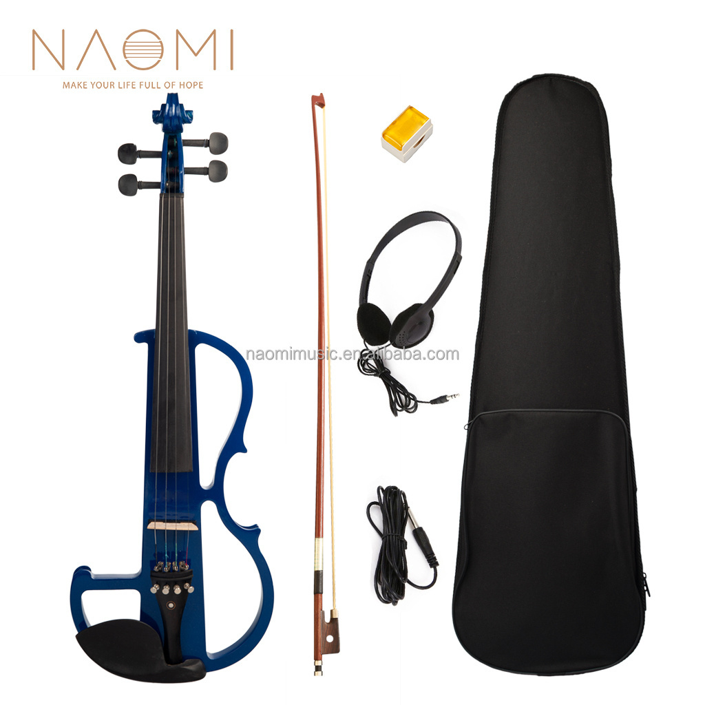 NAOMI Electric Violin Set Blue Slient Violin w/ Ebony Tailpiece Fine Tuners Paris-Eye Inlay Fingerboard Chin Rest Student Violin