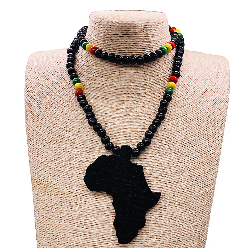 Hiphop Rasta Afrian Necklace Natural Wood Bead Chain African Map Necklace