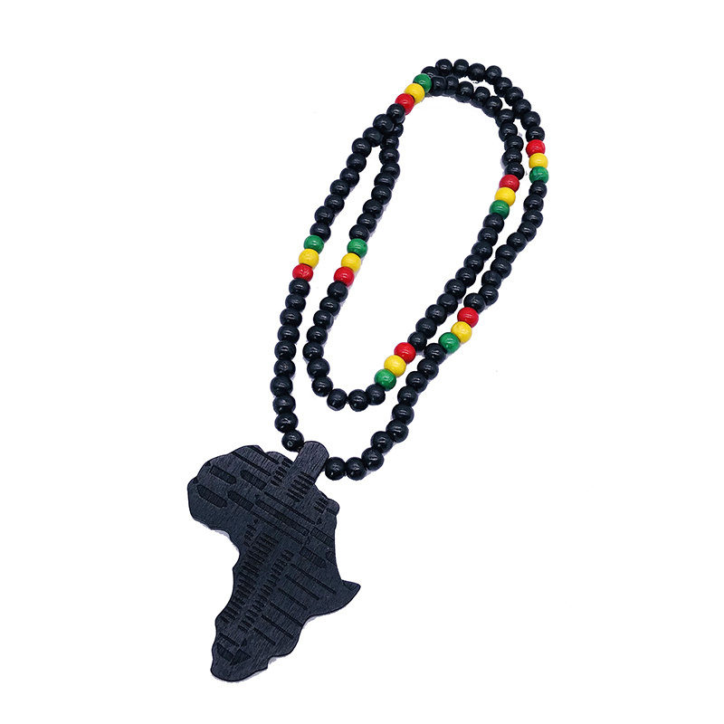 Hiphop Rasta Afrian Necklace Natural Wood Bead Chain African Map Necklace