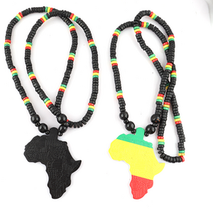 Hiphop Rasta Afrian Necklace Natural Wood Bead Chain African Map Necklace