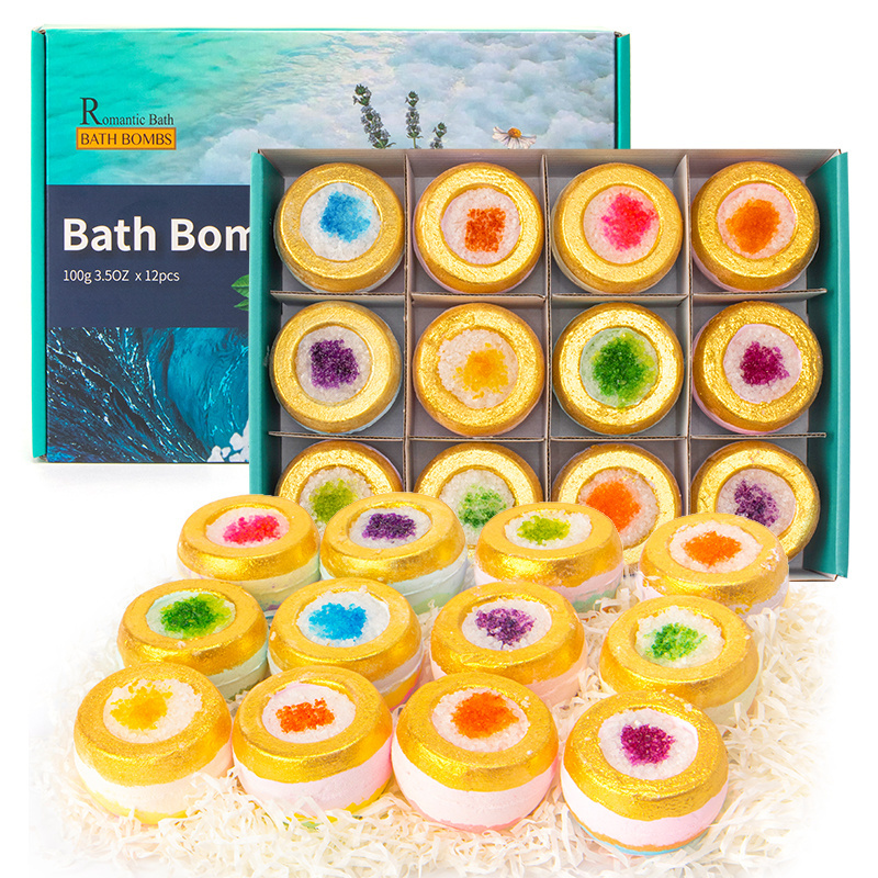 Private Label Natural Crystal Geode Bath Bomb Gold Epsom Salt Bath Bombs Gift Set