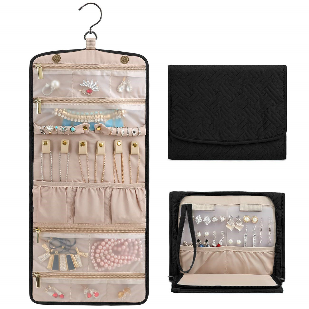 Travel Hanging Jewelry Organizer Case Foldable Jewelry Roll with Hanger for Journey-Rings, Necklaces, Bracelets, Earrings