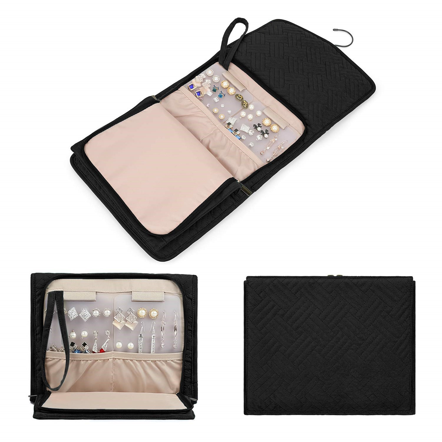 Travel Hanging Jewelry Organizer Case Foldable Jewelry Roll with Hanger for Journey-Rings, Necklaces, Bracelets, Earrings