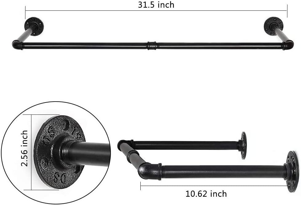 Industrial Pipe Clothes Rack, Heavy Duty Wall Mounted Black cast Iron Garment Rack Bar, Hanging Rod for Closet Storage