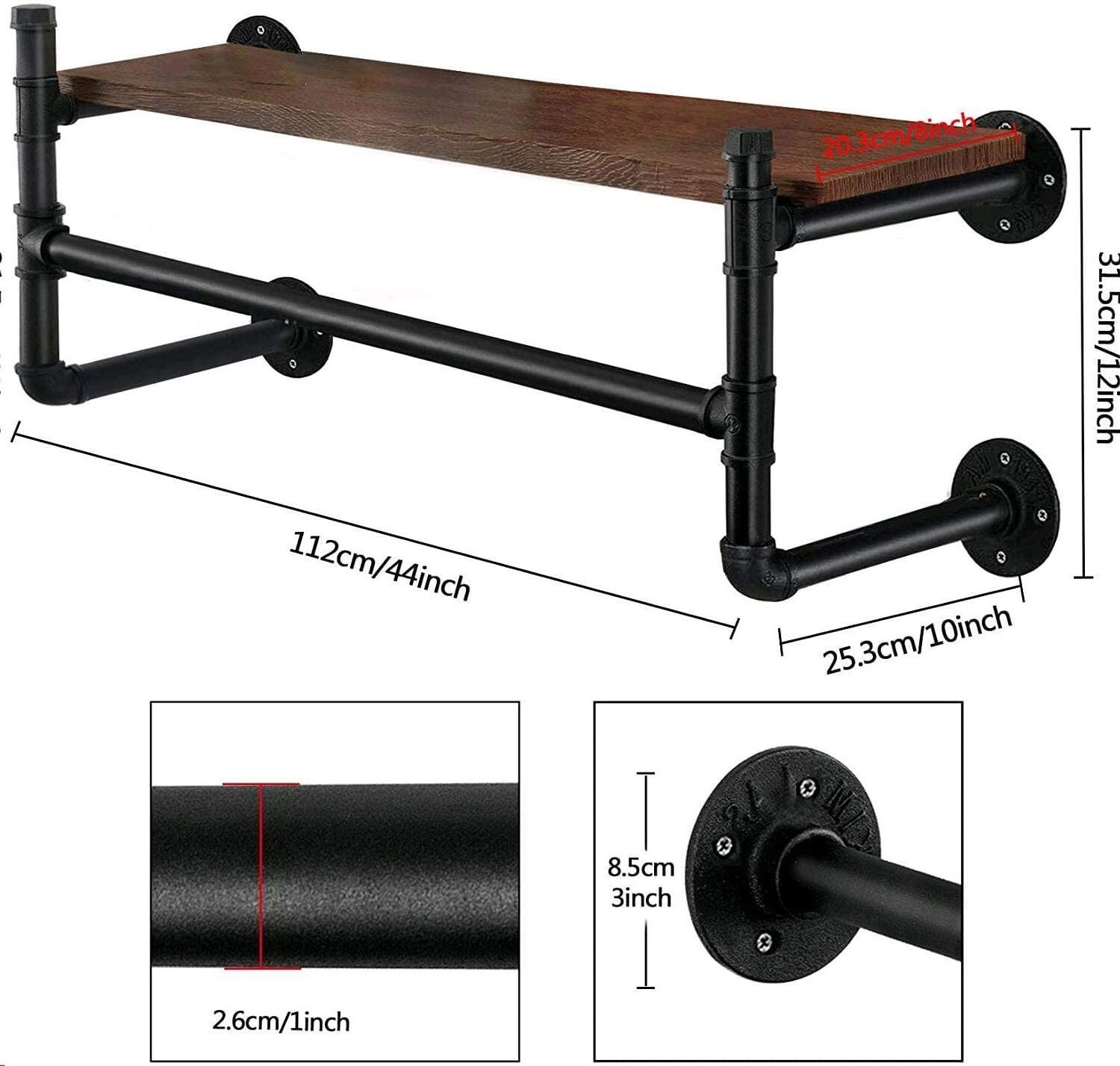 Industrial Pipe Clothes Rack, Heavy Duty Wall Mounted Black cast Iron Garment Rack Bar, Hanging Rod for Closet Storage