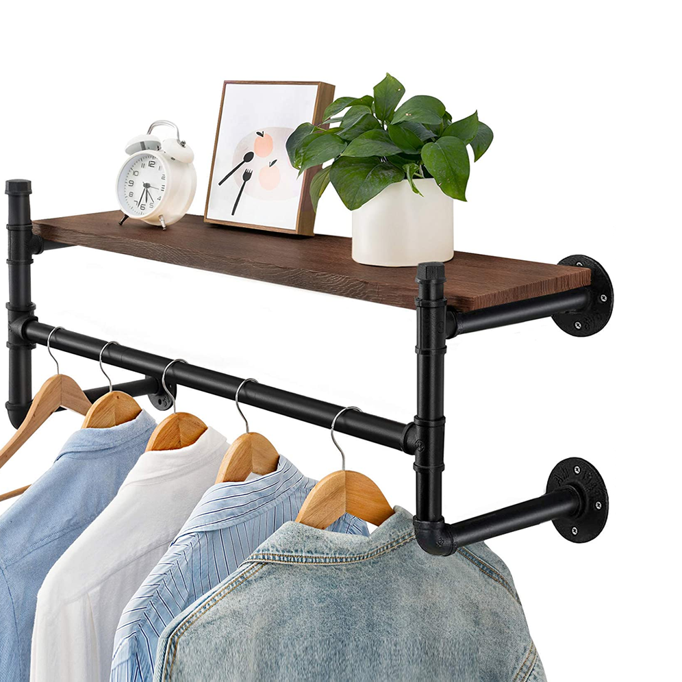 Industrial  Carton Retro Hanging Shelves Black Pipe Shelf Retail Bracket Floating Wall Mounted Metal Clothing Rack