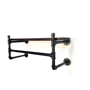 China Industrial Black Wall Mounted Shelf Retail Floating Bracket Cast Iron Metal Pipe Clothing Rack for Wood