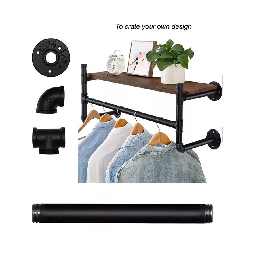 China Industrial Black Wall Mounted Shelf Retail Floating Bracket Cast Iron Metal Pipe Clothing Rack for Wood