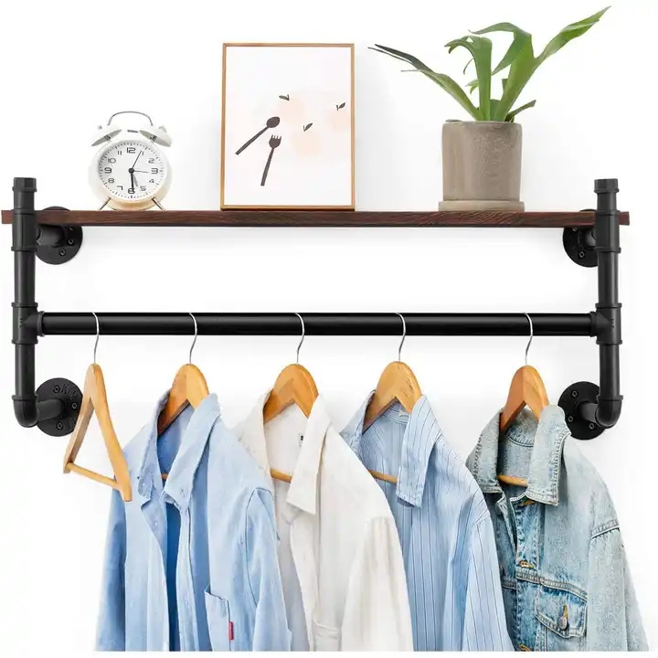 China Industrial Black Wall Mounted Shelf Retail Floating Bracket Cast Iron Metal Pipe Clothing Rack for Wood